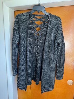 Vanilla Star Charcoal Gray Open-Front Cardigan with Lace-Up Back